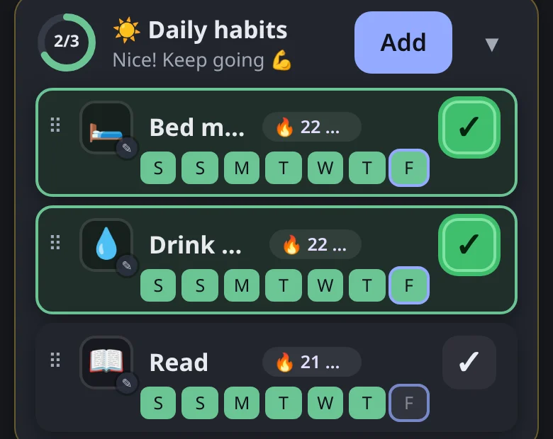 LevelHabit Daily habits list with Bed made and Drink water checked off, 2 of 3 done, each row showing its streak count and a 7-day check-in history
