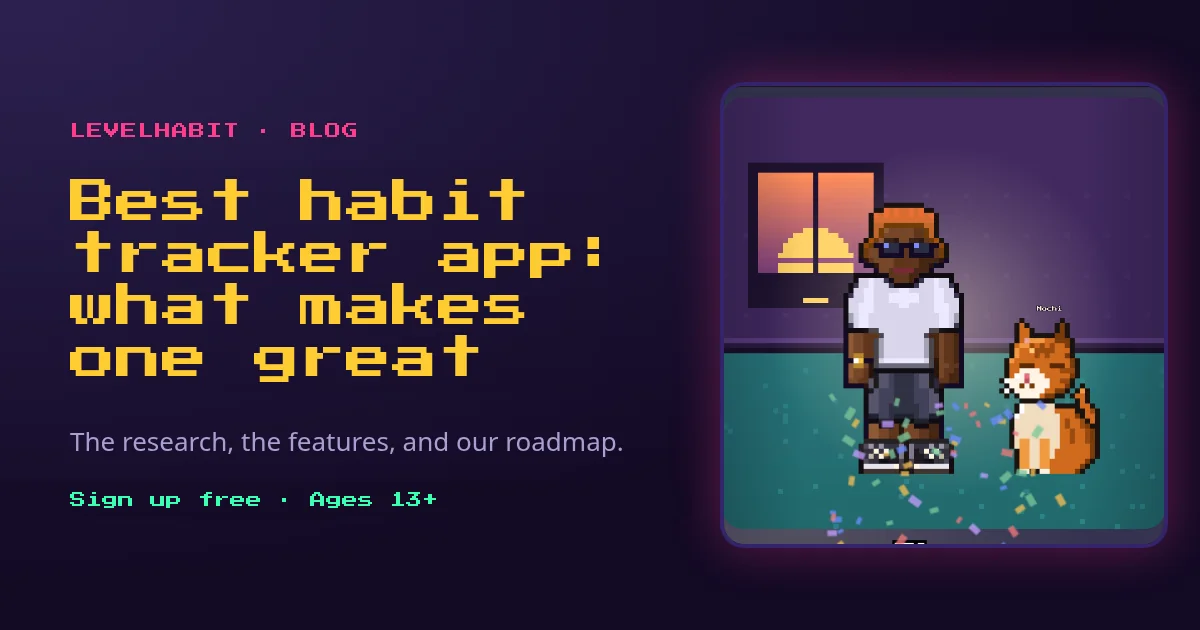 Best habit tracker app: what makes one great, with LevelHabit hero Theo and his cat Mochi