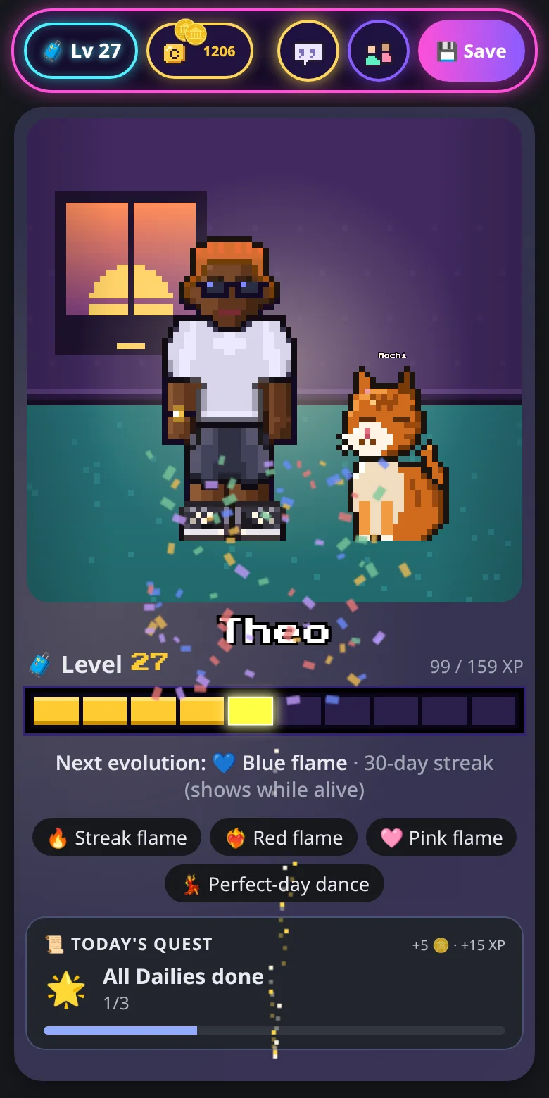 LevelHabit Today screen: pixel-art hero Theo, a young hero with a ginger crew cut, standing in his room next to his orange tabby cat Mochi, with confetti falling as his Level 27 XP bar fills