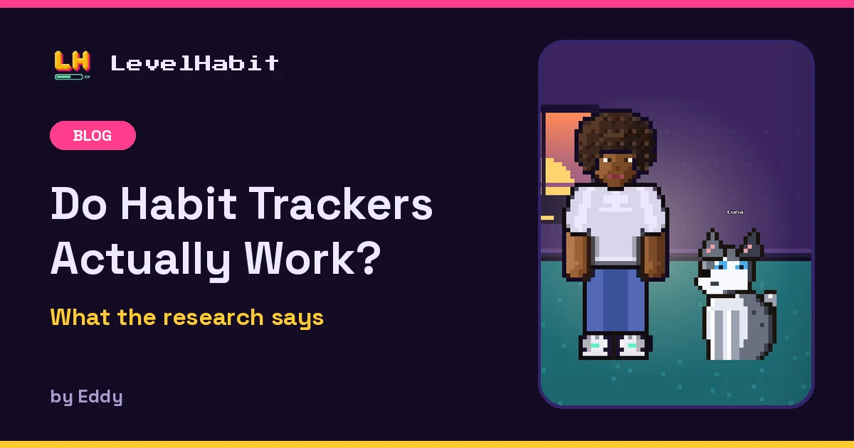 Do Habit Trackers Actually Work? LevelHabit blog cover with pixel-art hero Zoe and her husky Luna in her room