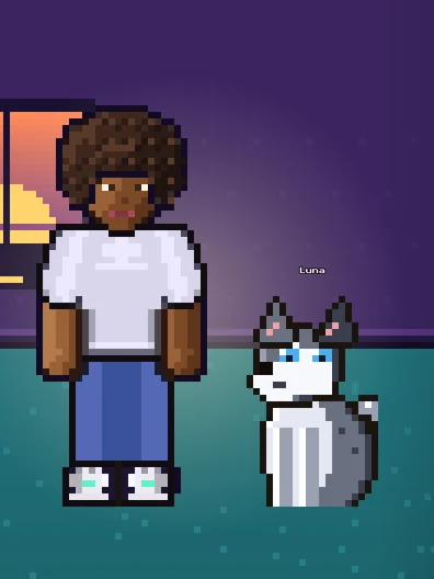 Pixel-art hero Zoe with an afro, white tee and jeans standing in her room next to her husky Luna in the LevelHabit app
