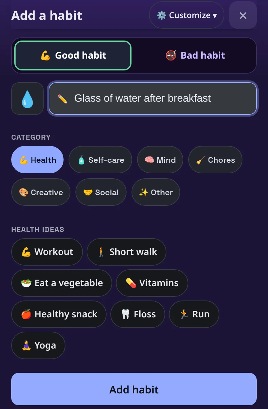 LevelHabit Add a habit screen with a new good habit named Glass of water after breakfast, the Health category selected and Health ideas like Workout, Short walk, Vitamins and Floss