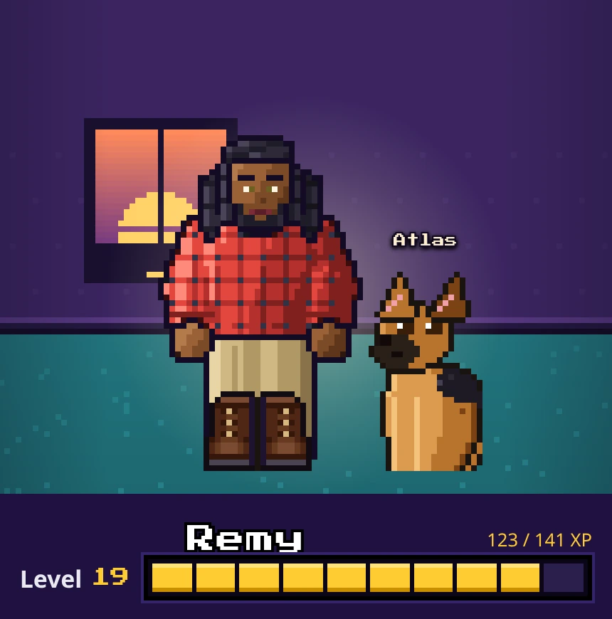 Pixel-art hero Remy with locs, a full beard, a red flannel shirt and boots standing in his room next to his German shepherd Atlas, with a Level 19 XP bar in the LevelHabit app