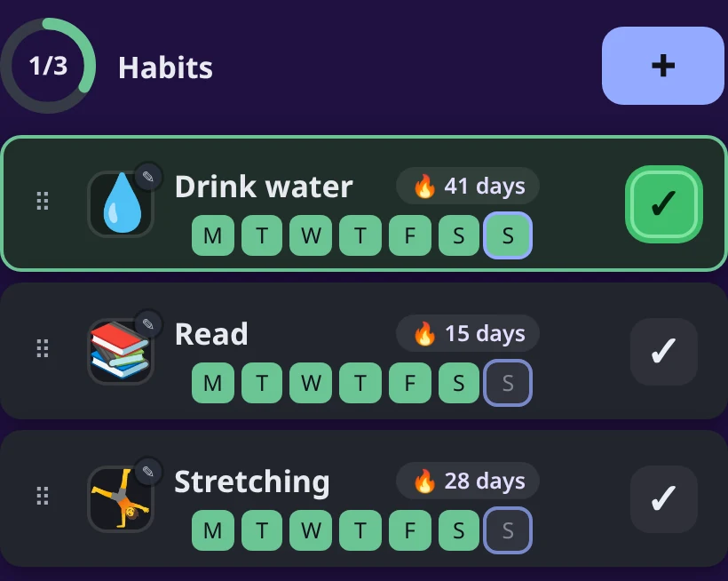 LevelHabit Habits list: Drink water on a 41-day streak, Read on a 15-day streak and Stretching on a 28-day streak, each with a 7-day check-in history
