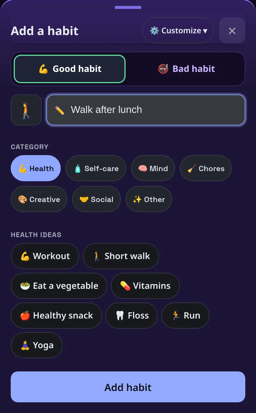 LevelHabit Add a habit screen with a new good habit named Walk after lunch, the Health category selected and Health ideas like Workout, Short walk, Eat a vegetable, Vitamins and Floss