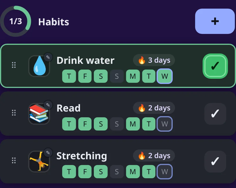 LevelHabit Habits list: Drink water, Read and Stretching, each with a 7-day check-in history where Sunday was missed and every other day is checked