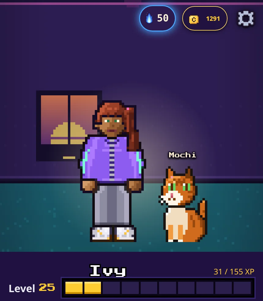 Pixel-art hero Ivy with an auburn ponytail, a purple track jacket and grey joggers standing in her room next to her orange tabby cat Mochi, with a Level 25 XP bar in the LevelHabit app
