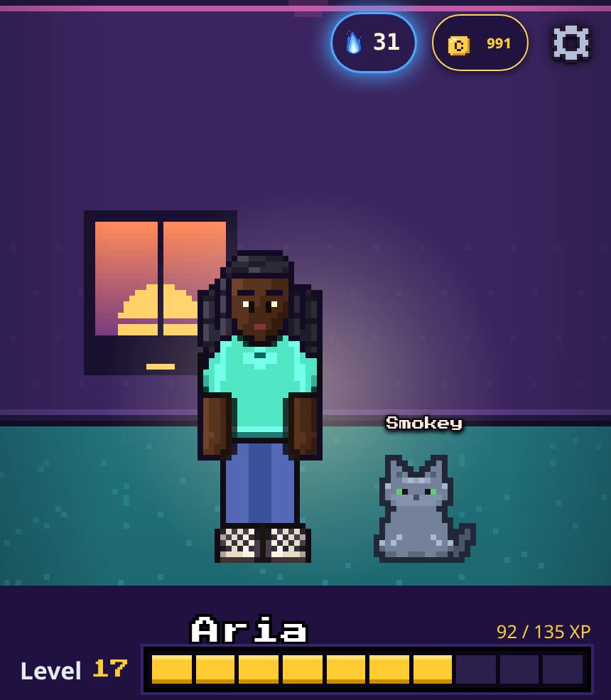 Pixel-art hero Aria, a young hero with black locs, a mint tee, blue overalls and checkered slip-ons, standing in her room next to her Russian Blue cat Smokey, with a Level 17 XP bar in the LevelHabit app