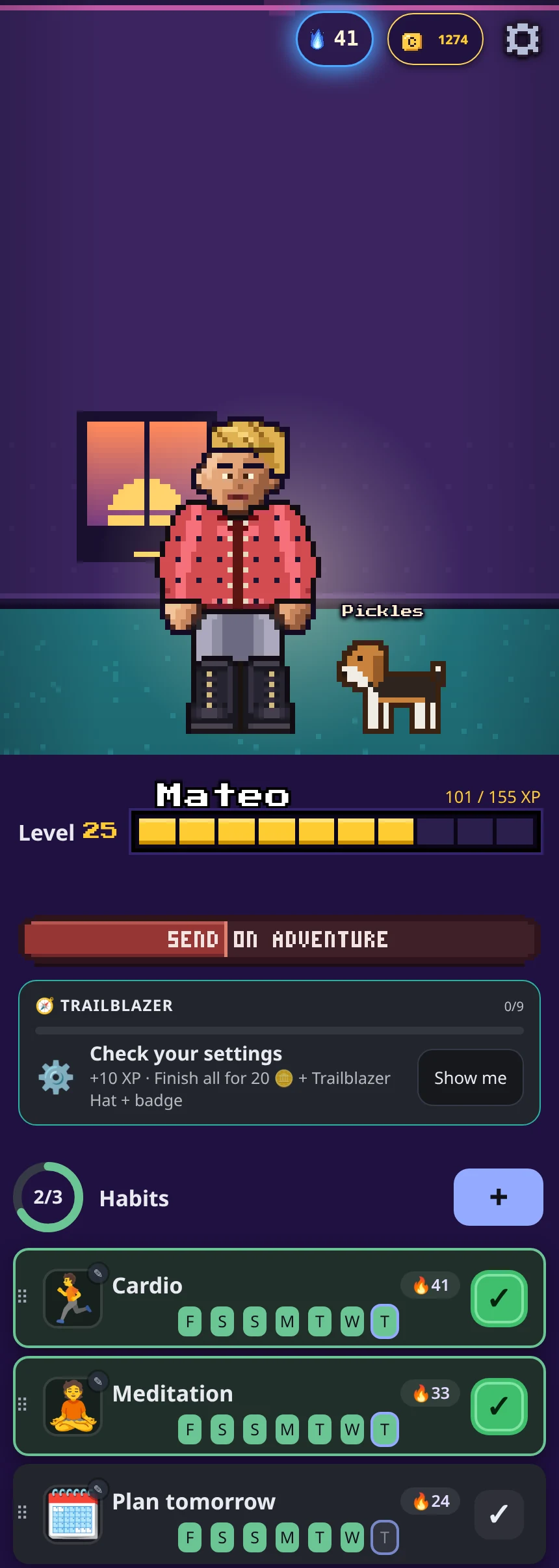 LevelHabit Today screen right after a check-in: pixel-art hero Mateo, an adult with a honey blond undercut, a red flannel shirt, grey joggers and combat boots, stands in his room next to his beagle Pickles. He just reached Level 25, and Cardio and Meditation are checked off for 2 of 3 habits