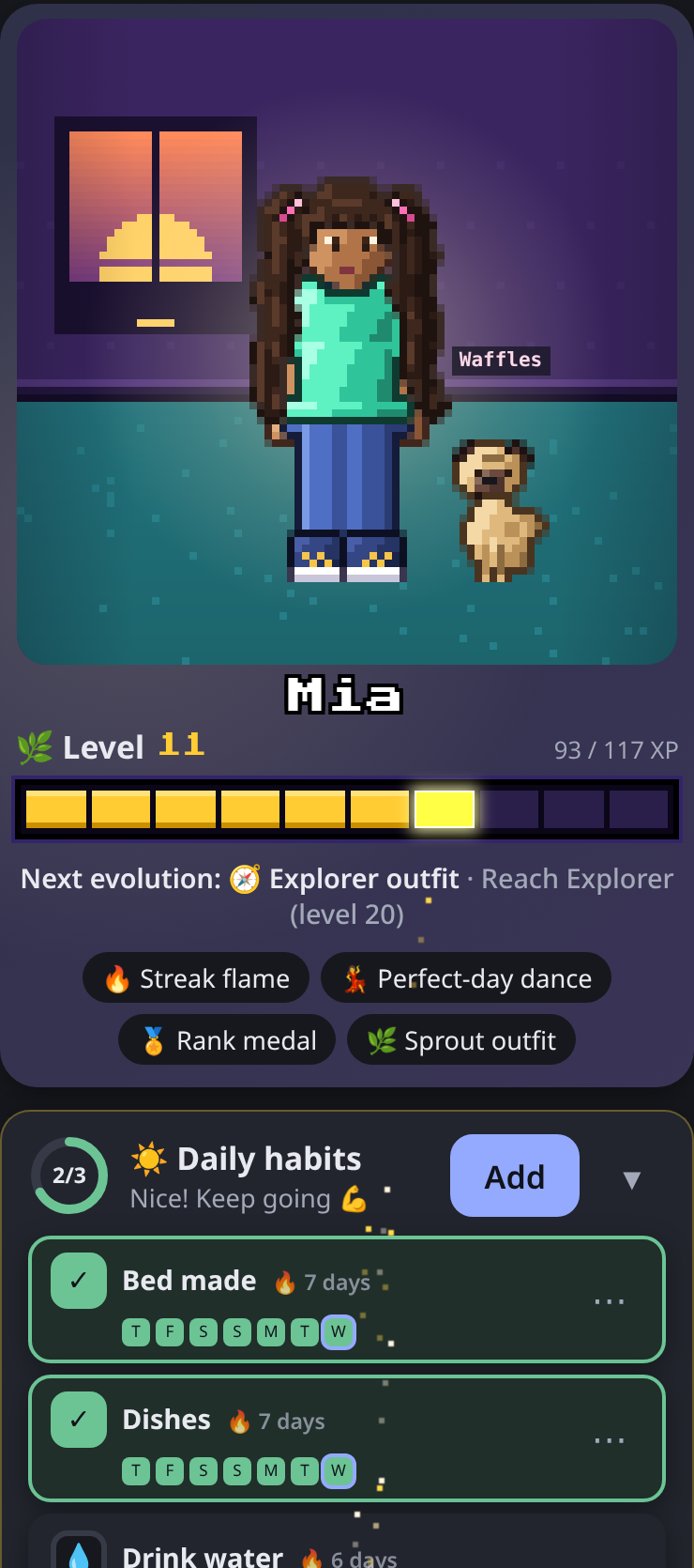 LevelHabit Today screen: pixel-art hero Mia with her pug Waffles, a Level 11 XP bar at 93/117 XP, and Bed made and Dishes checked off (2 of 3 daily habits)