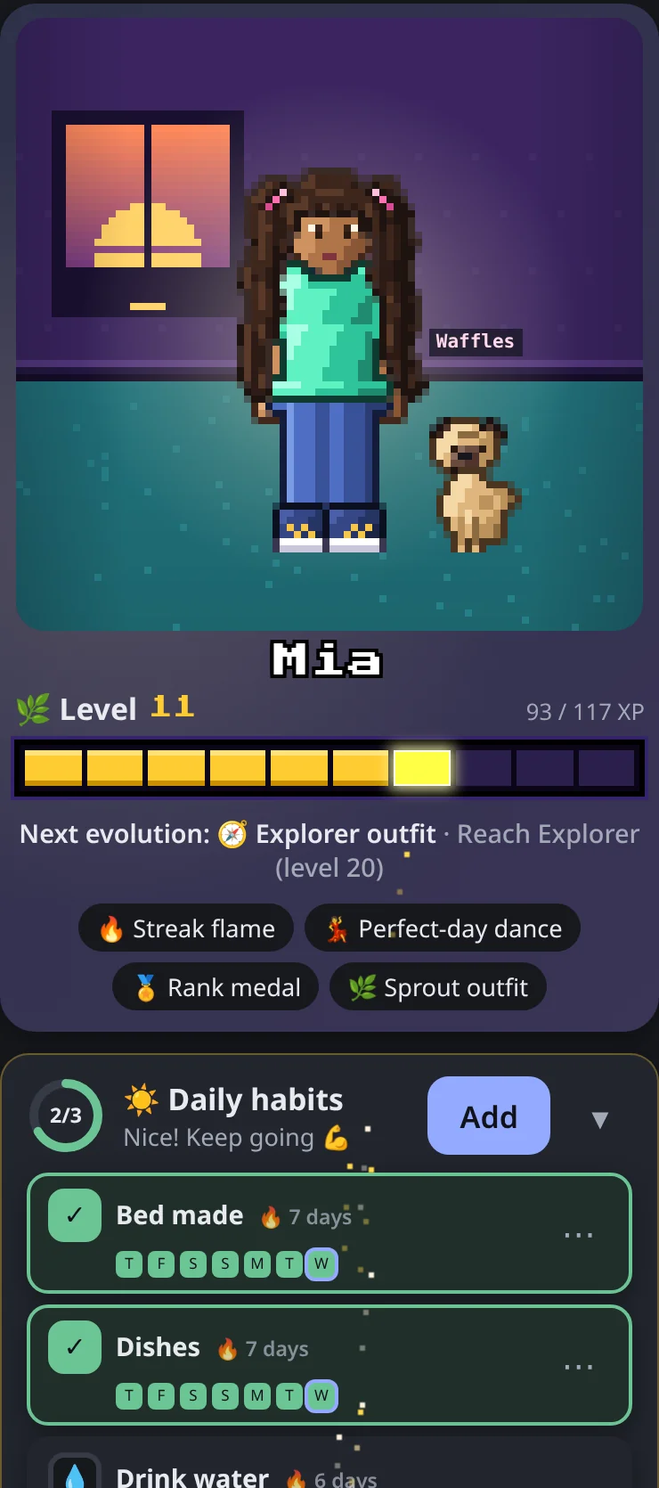 LevelHabit Today screen: pixel-art hero Mia with her pug Waffles, a Level 11 XP bar at 93/117 XP, and Bed made and Dishes checked off (2 of 3 daily habits)