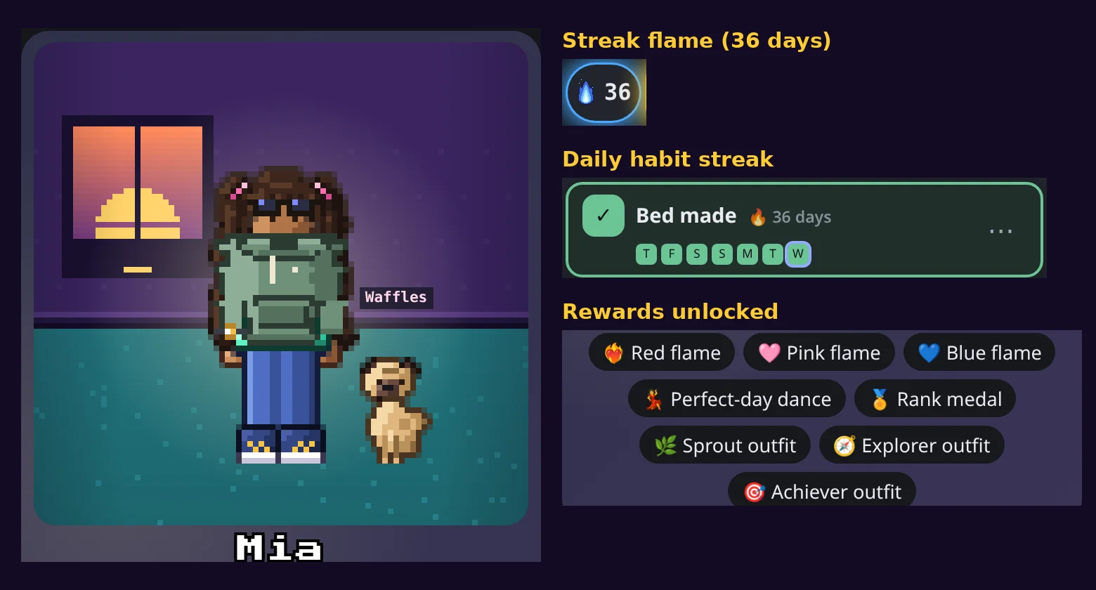 LevelHabit hero Mia with her pug Waffles in her room, next to a blue 36-day streak flame, a Bed made habit on a 36-day streak, and unlocked rewards including Red, Pink and Blue flames