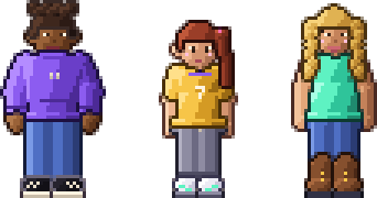 Three pixel-art heroes: an adult in a purple hoodie, a young hero with a red ponytail in a gold jersey, and an adult with long blonde hair in a mint tank