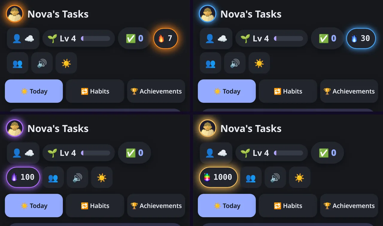 Four app headers with an orange, blue, purple and rainbow flame button in the top bar, each with a matching glow around the portrait