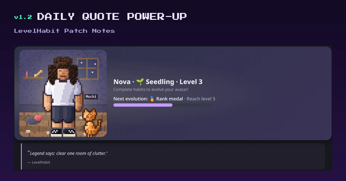 The Today screen with a pixel hero in their room and the quote of the day card just below