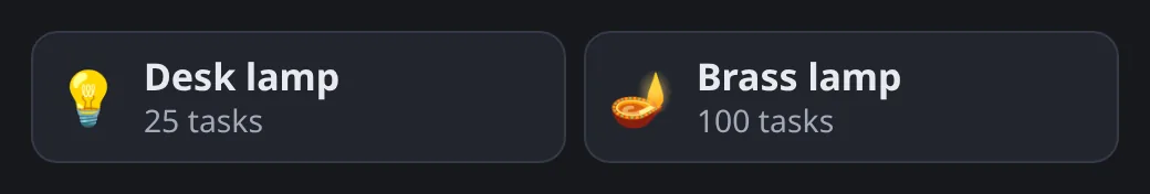 Room unlock entries: Desk lamp at 25 tasks and Brass lamp at 100 tasks
