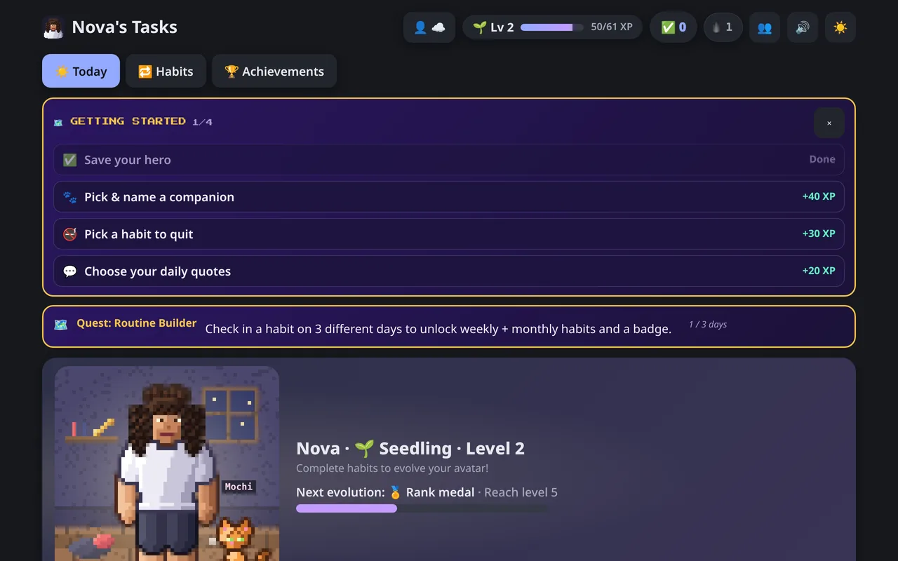 The Today screen on a laptop with a compact Getting started card and quest card lined up above the hero's room