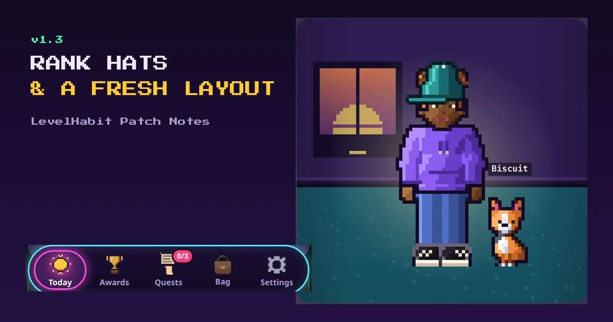 A pixel hero wearing a rank hat, with the new phone nav bar along the bottom