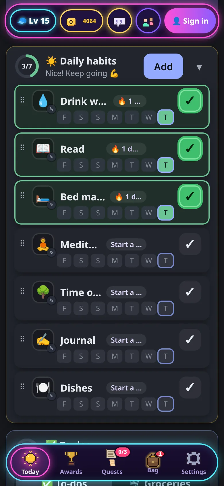 Compact habit rows with drag handles