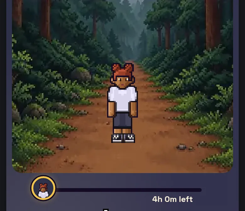 A pixel hero walking down a forest path, with the trip progress bar below