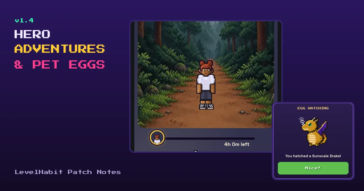 A pixel hero walking a forest path on an adventure, next to a freshly hatched pet