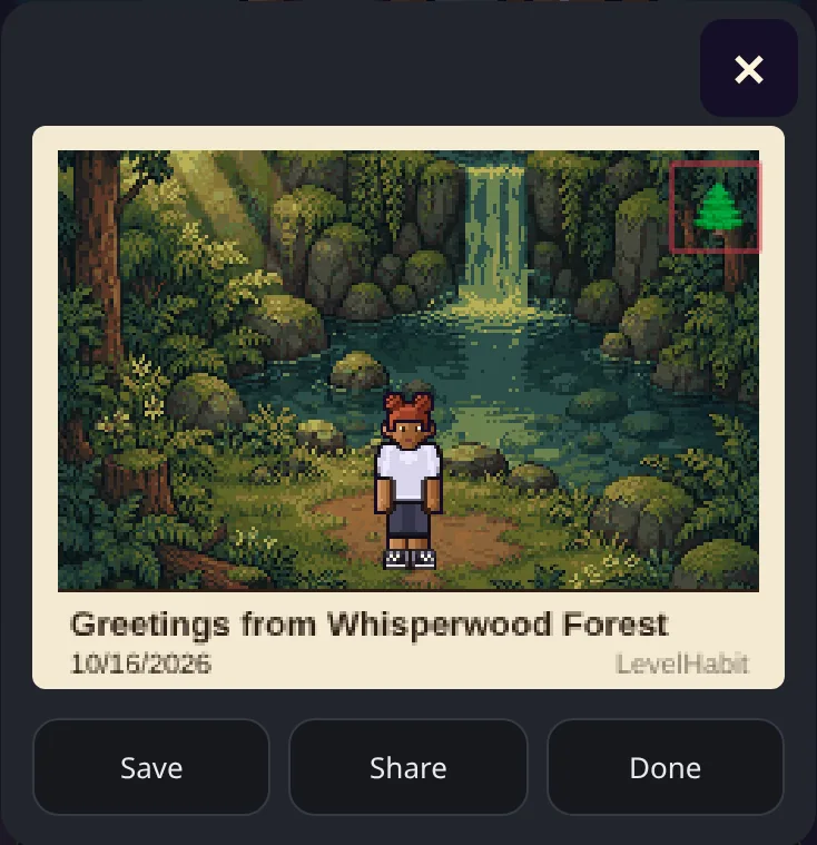 A pixel postcard showing the hero at a forest waterfall