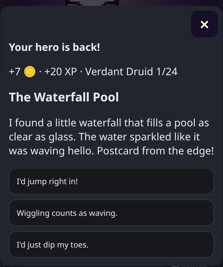 A story card from the hero with three reply choices