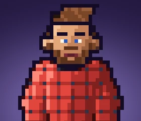 A pixel hero with a full beard and thin mustache