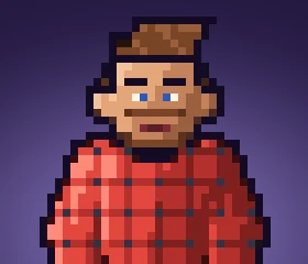 A pixel hero with a goatee and mustache