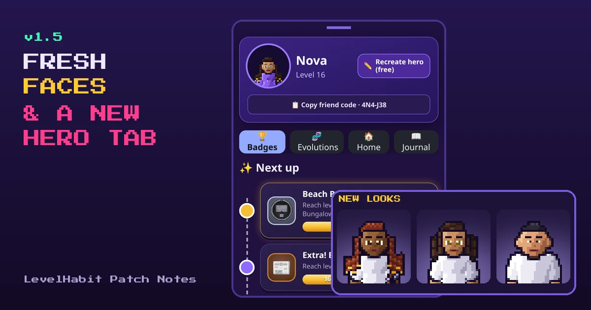 The new Hero tab with a pixel hero's profile, next to three heroes showing off new hairstyles