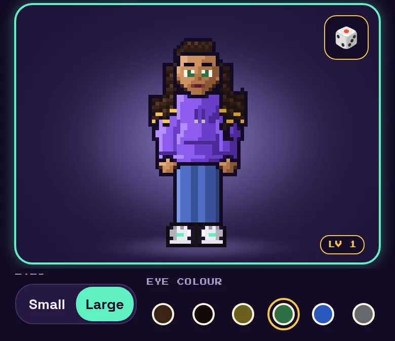 The hero creator showing a hero with large green eyes, above the eye size and eye colour pickers