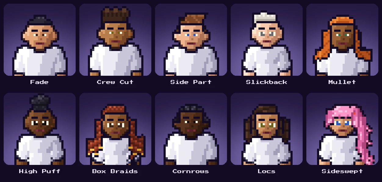 Ten pixel heroes showing redrawn hairstyles: Fade, Crew Cut, Side Part, Slickback, Mullet, High Puff, Box Braids, Cornrows, Locs and Sideswept