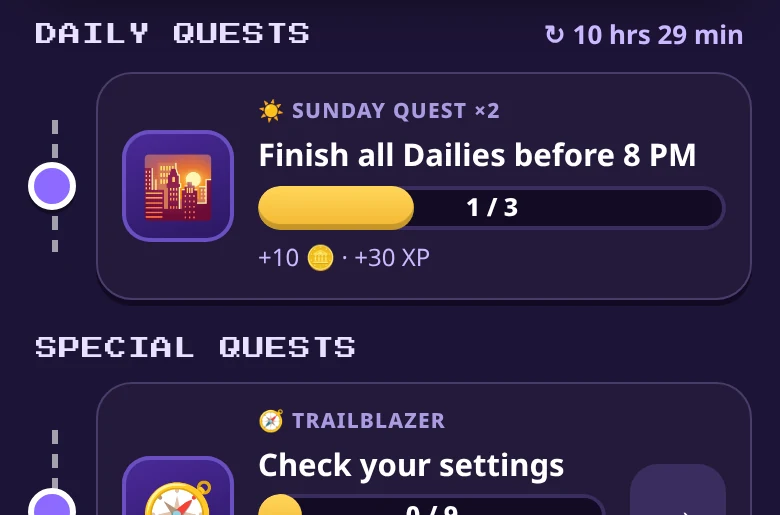 The Quests sheet with a daily quest and the Trailblazer checklist