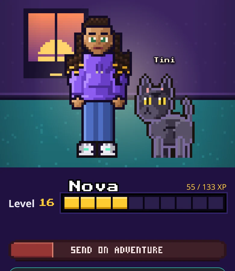 The Today screen with the hero and pet in their room, the XP bar, and the Send on Adventure button right below it