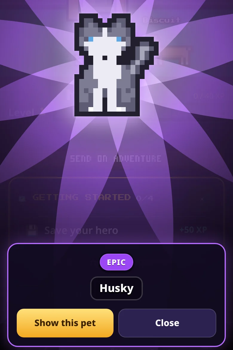 An Epic reveal of a husky, with Show this pet and Close buttons