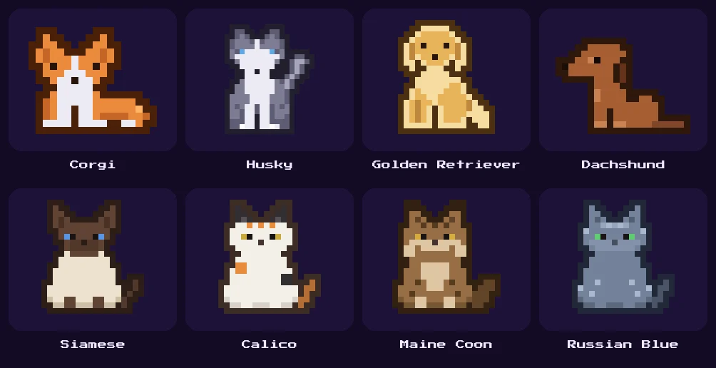 Eight redrawn pixel pets: Corgi, Husky, Golden Retriever, Dachshund, Siamese, Calico, Maine Coon and Russian Blue