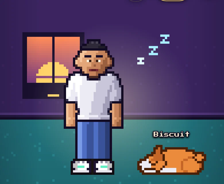 A pixel hero with Zzz floating above them while their corgi naps curled up on the floor